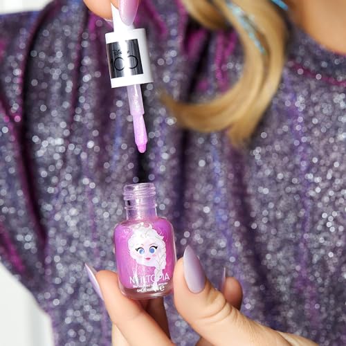 Nailtopia Bio-Sourced Chip Free Nail Lacquer Disney Collection Elsa - Superfood-Infused Polish - Chip Resistant Formula - Quick-Dry, Long Lasting Wear - Pink-Purple Glitter - 0.169 oz