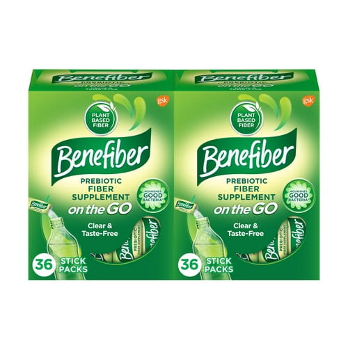 Benefiber On The Go Prebiotic Fiber Powder for Digestive Health, Unflavored Powder Stick Packs - 36 Sticks (Pack of 2)