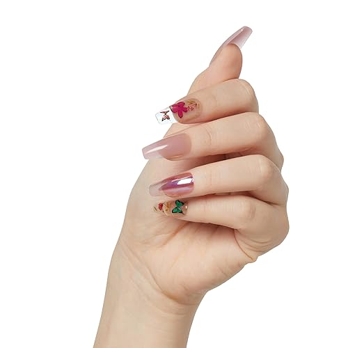 KISS Gel Fantasy Press On Nails, Nail glue included, 'Jelly Cookie', Pink, Long Size, Coffin Shape, Includes 28 Nails, 2g glue, 1 Manicure Stick, 1 Mini File