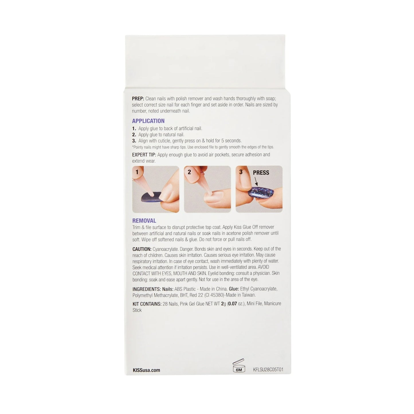 KISS Gel Fantasy Press On Nails, Nail glue included, 'True Color', White, Long Size, Coffin Shape, Includes 28 Nails, 2g glue, 1 Manicure Stick, 1 Mini File