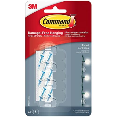 Command Round Cord Clips, Clear, Damage Free Organizing, 4 Cord Clips and 5 Strips