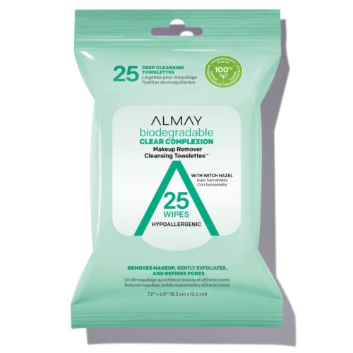Almay Biodegradable Clear Complexion Makeup Remover Cleansing Towelettes, 25 wipes (2 Pack)