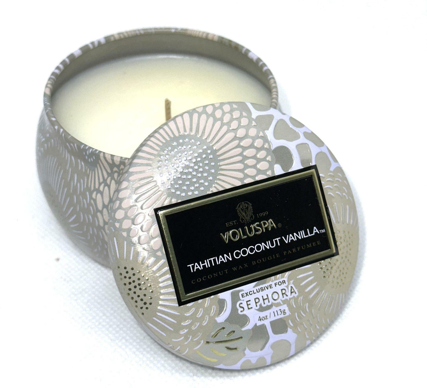 Voluspa Tahitian Coconut Vanilla Candle | Mini Tin | 4 Oz. | 25 Hour Burn Time | Vegan | Coconut Wax and Natural Wicks for a Cleaner Burn
