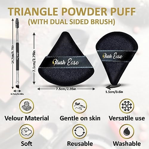 Triangle Powder Puff, 12 Black Makeup Puffs, Makeup Powder Puffs for face powder, Setting Powder Puff for Loose Powder and Cosmetic Foundation, Eyelash brush & Eyebrow brush as Add-on