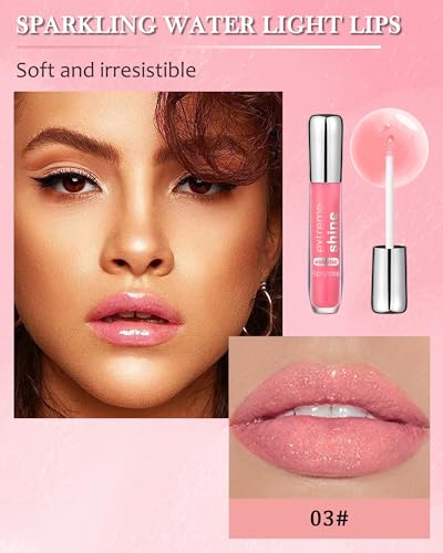 Clear Glitter Lip Gloss Lip Plumper, Hydrating Lip Glow Oil Plumping Lip Oil Gloss, Long Lasting Moisturizing Nude Pink Tinted Jelly Lip Gloss, Shimmer Juicy Bomb Lipgloss Lip Glaze for Women Girls-03