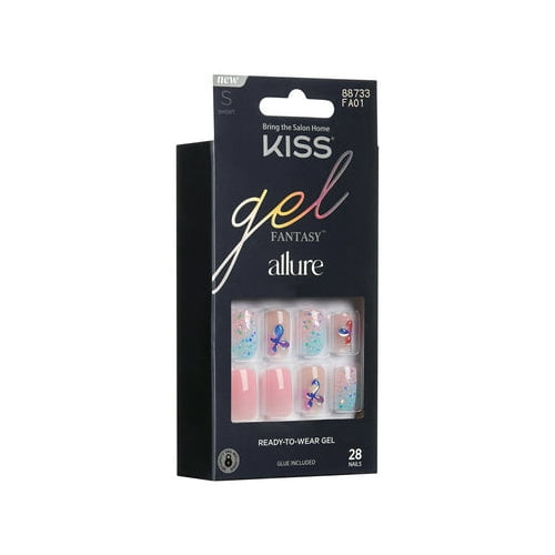 KISS Gel Fantasy Allure Ready-To-Wear Short Square Fake Nails, Pink Floral, 28 Pieces