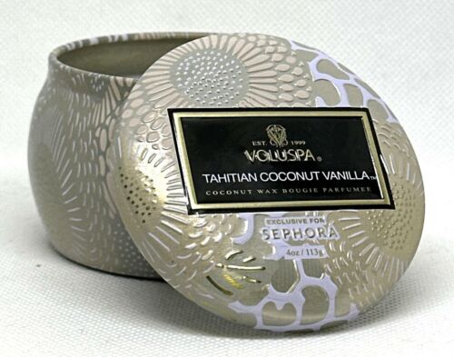 Voluspa Tahitian Coconut Vanilla Candle | Mini Tin | 4 Oz. | 25 Hour Burn Time | Vegan | Coconut Wax and Natural Wicks for a Cleaner Burn