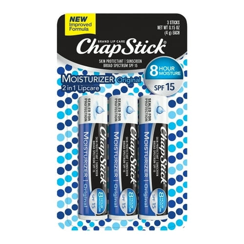 ChapStick Moisturizer (Original Flavor, 0.15 Ounce, 3 Sticks) Lip Balm Tube, Skin Protectant, Lip Care, SPF 15