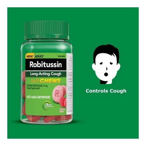 Robitussin Soft Chews, Long-Acting Cough Relief Cold Medicine, Berry Flavor, 20Ct Chewable Tablets