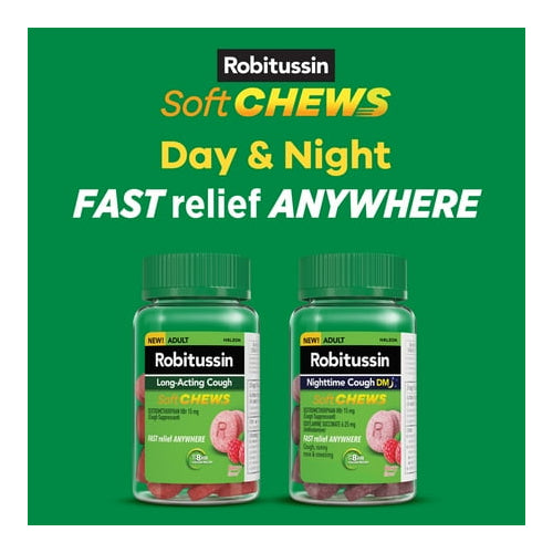 Robitussin Soft Chews, Long-Acting Cough Relief Cold Medicine, Berry Flavor, 20Ct Chewable Tablets