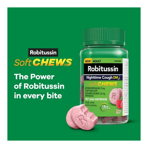 Robitussin Soft Chews, Long-Acting Cough Relief Cold Medicine, Berry Flavor, 20Ct Chewable Tablets