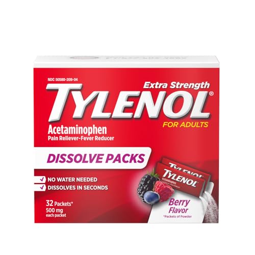 Tylenol Extra Strength Dissolve Packs, 500 mg Acetaminophen Pain Reliever & Fever Reducer, On-The-Go Powder Packets for Minor Aches & Pains, Ibuprofen- & Aspirin-Free, Berry Flavor, 32 ct