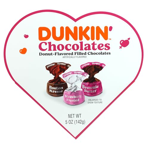 Dunkin' Chocolates Heart Box Valentine's Day Gift with all new Strawberry Frosted Flavor, Boston Kreme, and Brownie Batter, by Frankford Candy