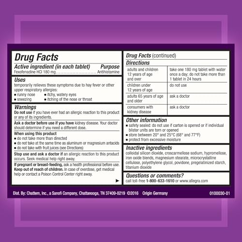 Allegra Adult Non-Drowsy Antihistamine Tablets, 5-Count, 24-Hour Allergy Relief, 180 mg