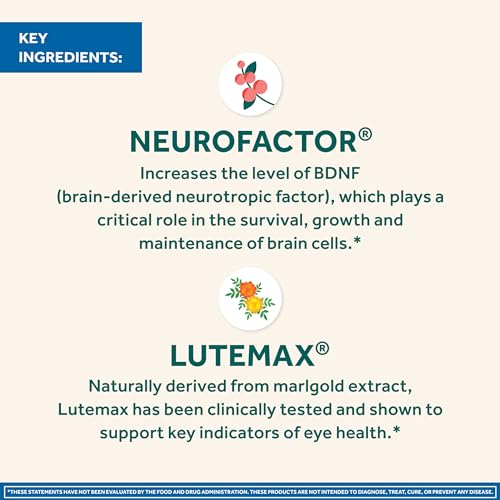 NEURIVA Brain + Eye Supplement for Memory, Focus & Concentration with Lutein & Vitamins A C E and Zinc for Eye Health & Zeaxanthin to Filter Blue Light, 30ct Capsules