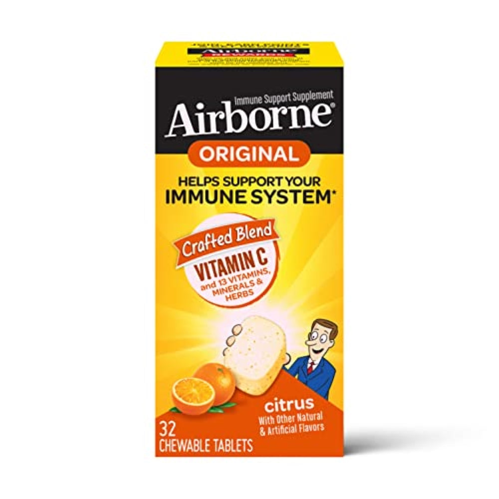 Airborne 1000mg Vitamin C Chewable Tablets with Zinc, Immune Support Supplement with Powerful Antioxidants Vitamins A C & E - 32 Chewable Tablets, Citrus Flavor