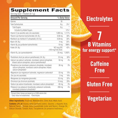 Emergen-C 1000mg Vitamin C Powder for Daily Immune Support Caffeine Free Vitamin C Supplements with Zinc and Manganese, B Vitamins and Electrolytes, Super Orange Flavor - 10 Count