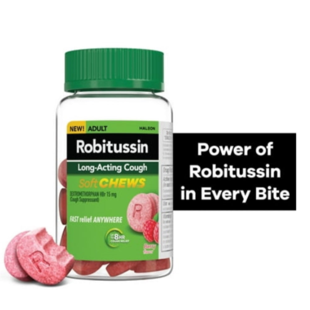Robitussin Soft Chews, Long-Acting Cough Relief Cold Medicine, Berry Flavor, 20Ct Chewable Tablets