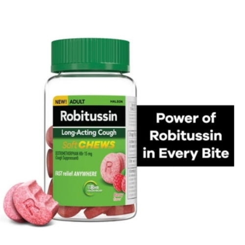Robitussin Soft Chews, Long-Acting Cough Relief Cold Medicine, Berry Flavor, 20Ct Chewable Tablets