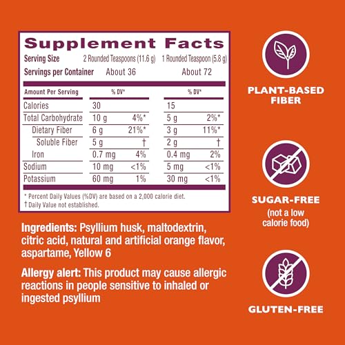 Metamucil 4 in 1 Daily Fiber Supplement Powder, Fiber Powder for Digestive Health and Regularity*, Sugar-Free, Orange, Naturally Sourced Psyllium Fiber, 72 teaspoons