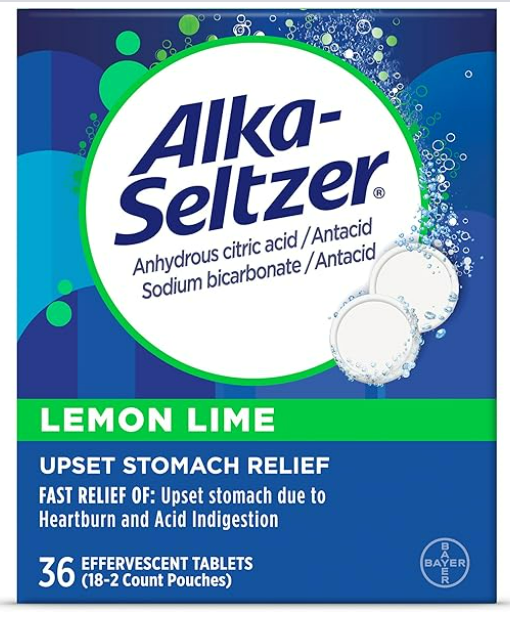 Alka-Seltzer Heartburn Relief Lemon Lime Flavor Effervescent Tablets, 4-in-1 Relief from Heartburn, Sour Stomach, Acid Indigestion, and Upset Stomach, Dissolvable Antacid, 36 Ct