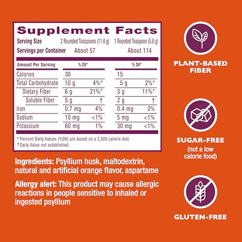 Metamucil 4 in 1 Daily Fiber Supplement Powder, Fiber Powder for Digestive Health and Regularity*, Sugar-Free, Orange, Naturally Sourced Psyllium Fiber, 114 teaspoons