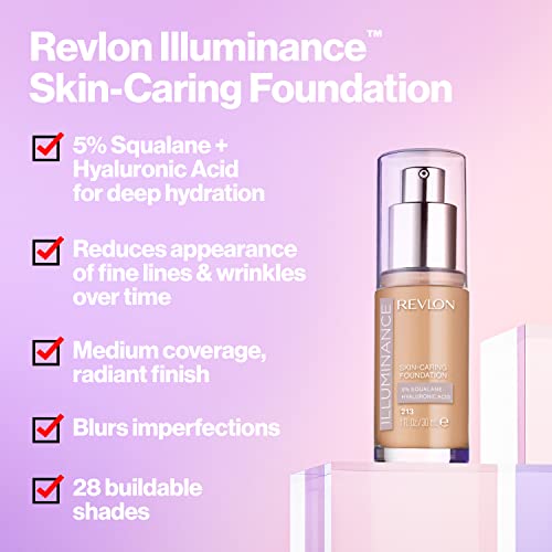 Revlon Illuminance Skin-Caring Liquid Foundation, Hyaluronic Acid, Hydrating and Nourishing Formula with Medium Coverage, 513 Brown Suede, 1 fl oz