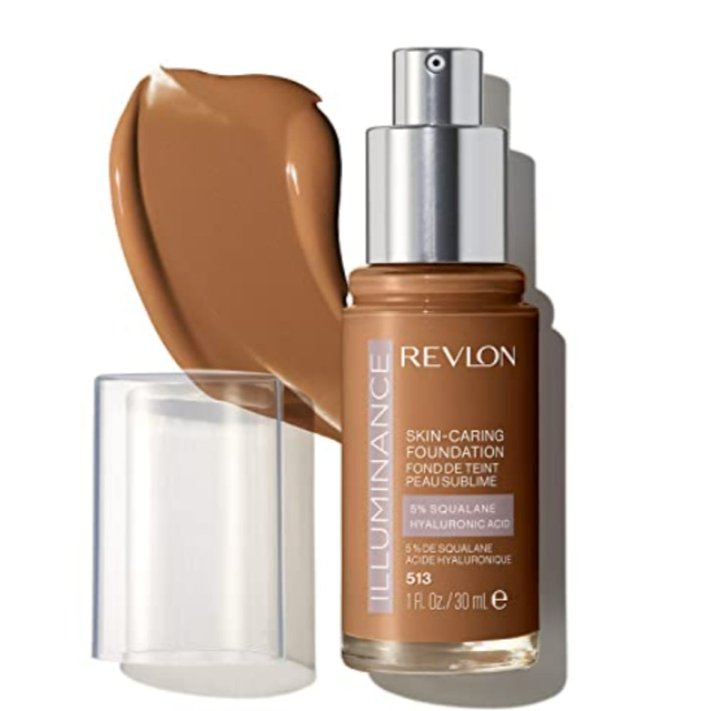 Revlon Illuminance Skin-Caring Liquid Foundation, Hyaluronic Acid, Hydrating and Nourishing Formula with Medium Coverage, 513 Brown Suede, 1 fl oz