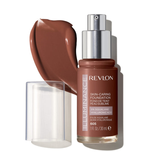 Revlon Illuminance Skin-Caring Liquid Foundation, Hyaluronic Acid, Hydrating and Nourishing Formula with Medium Coverage, 605 Rich Mahogany, 1 fl oz