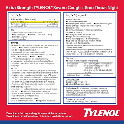 Tylenol Extra Strength Severe Cough + Sore Throat Day & Night Caplets, Combo Pack for Powerful Multi-Symptom Relief for Painful Sore Throat & Cough, Acetaminophen Pain Reliever, 24 ct