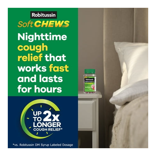 Robitussin Soft Chews, Nighttime Cough DM Cold Medicine, Berry Flavor, 20Ct Chewable Tablets