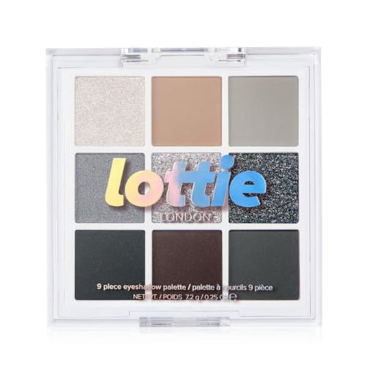 Lottie London Lottie Palette in Soft Grunge, 9 shade compact eyeshadow palette in metallic grey and silver shades in a mix of creamy mattes and sparkling shimmers