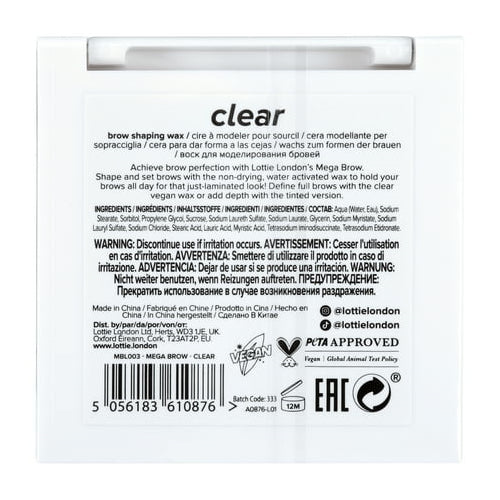Lottie London Mega Brow Enhancer, Brow Shaping Gel Wax & Brush Set, Clear, 0.11 oz