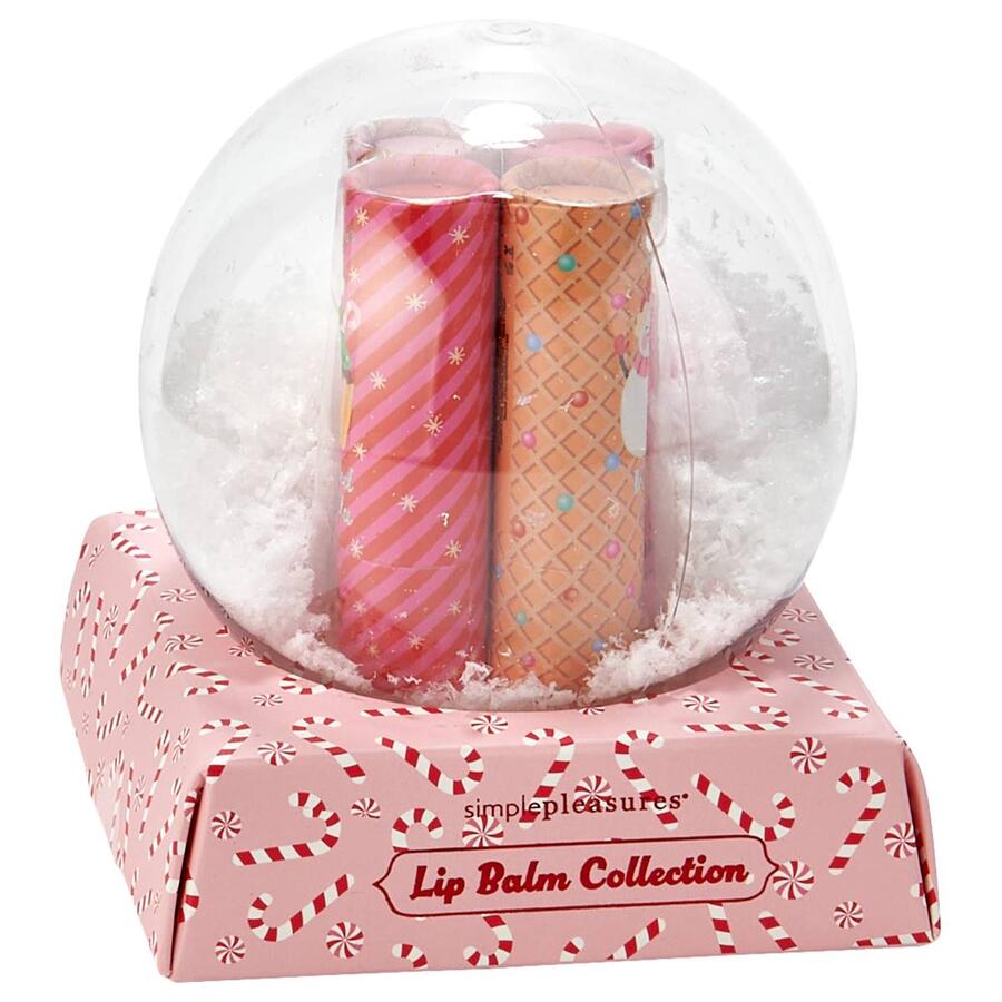 Simple Pleasures Snow Globe 4 Pack Lip Balm Collection (Vanilla Icing, Snow Flurries, Frosted Vanilla, Gingerbread)