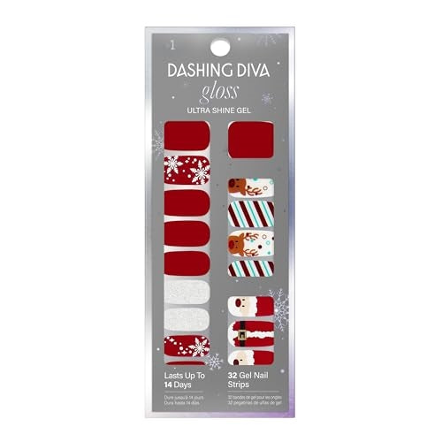 Dashing Diva Gloss Nail Strips - Santa's Helper | UV Free, Chip Resistant, Long Lasting Gel Nail Stickers | Contains 32 Nail Wraps, 1 Prep Pad, 1 Nail File