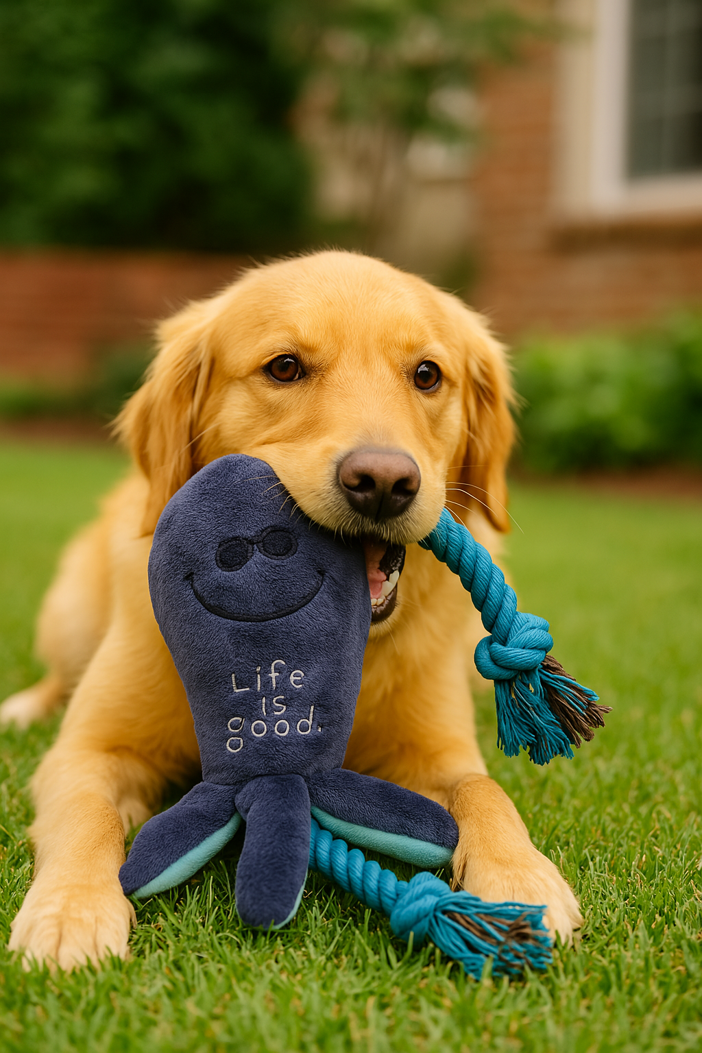Life is Good Dog Toy Plush with Rope and Squaker 9 1/2 Tall, Octapus, Great for Tug of War Playing