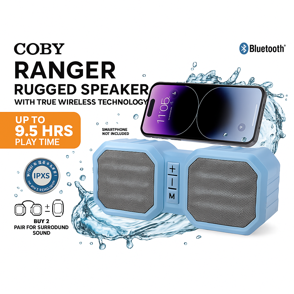 Coby Ranger Wireless Bluetooth Speaker, 9.5-HR Play Time, IPX5 Waterproof Blue Tooth Speakers, Drop Proof, Stereo Sound, Aux & USB Port, TF Card Slot, Portable Speaker Bluetooth 5.3