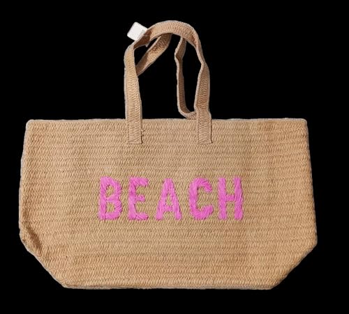 Kasa Style 23" Over-sized Straw Tote - BEACH Embroidered Double Handle Weekend Beach Bag