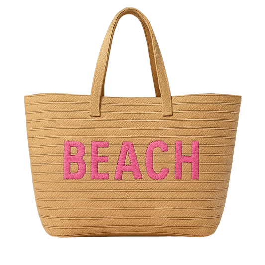 Kasa Style 23" Over-sized Straw Tote - BEACH Embroidered Double Handle Weekend Beach Bag