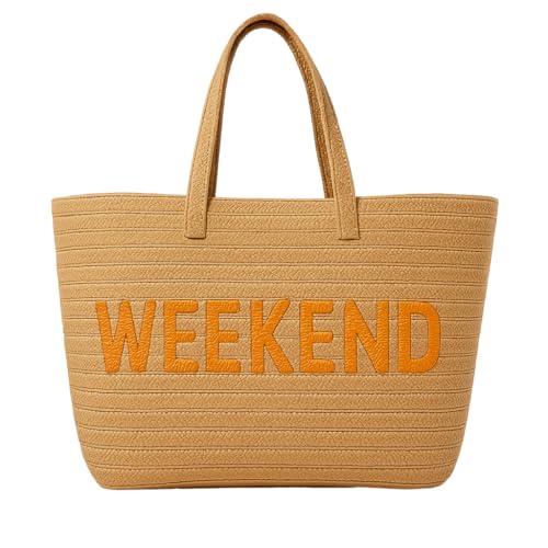 Kasa Style 23" Over-sized Straw Tote - WEEKEND Embroidered Double Handle Weekend Beach Bag