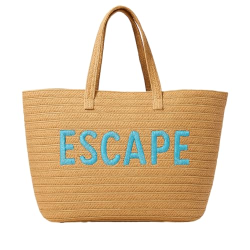 Kasa Style 23" Over-sized Straw Tote - ESCAPE Embroidered Double Handle Weekend Beach Bag