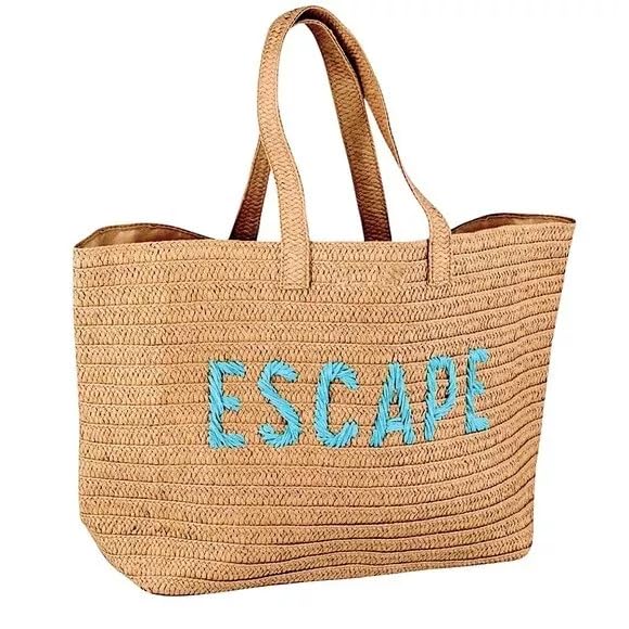 Kasa Style 23" Over-sized Straw Tote - ESCAPE Embroidered Double Handle Weekend Beach Bag