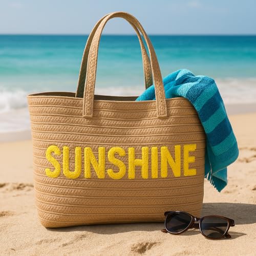 Kasa Style 23" Over-sized Straw Tote - ESCAPE Embroidered Double Handle Weekend Beach Bag