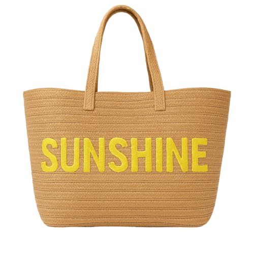 Kasa Style 23" Over-sized Straw Tote - SUNSHINE Embroidered Double Handle Weekend Beach Bag