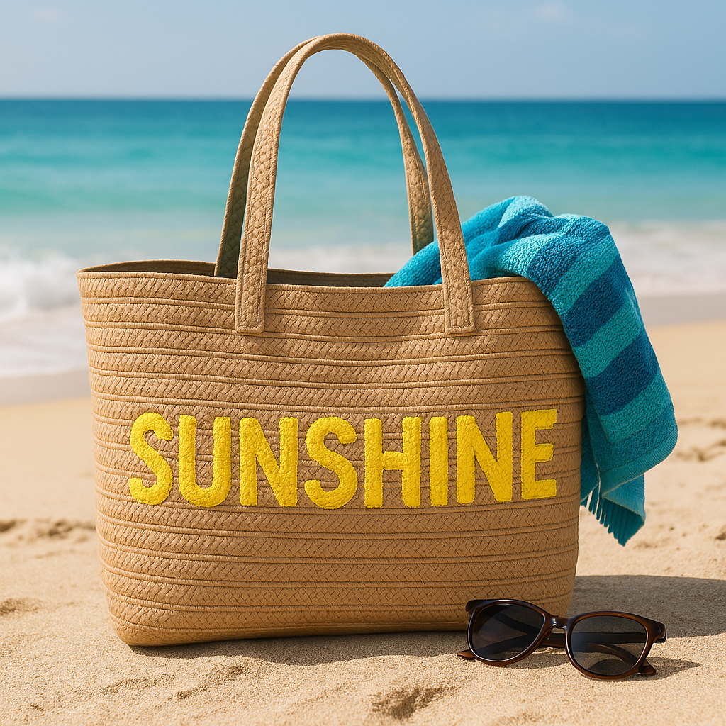 Kasa Style 23" Over-sized Straw Tote - SUNSHINE Embroidered Double Handle Weekend Beach Bag