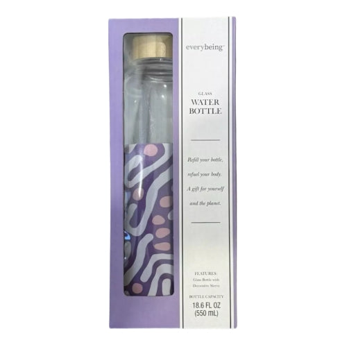 Everybeing Reusable Glass Water Bottle with Purple Decorative Silicone Sleeve 18.6 FL Oz