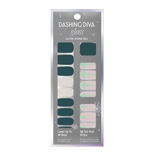 Dashing Diva Gloss Nail Strips - Tree Skirt | UV Free, Chip Resistant, Long Lasting Gel Nail Stickers | Contains 32 Nail Wraps, 1 Prep Pad, 1 Nail File