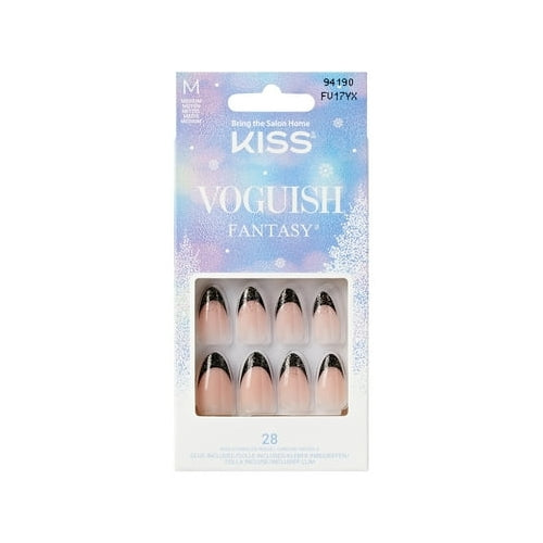 KISS Voguish Fantasy Holiday, Press on Nails, At Christmas, Black, Medium Almond, 28 Count