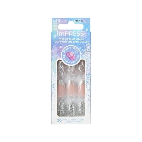 KISS imPRESS Holiday Press on Nails, Only Wish, Silver, Medium Coffin, 30 Count