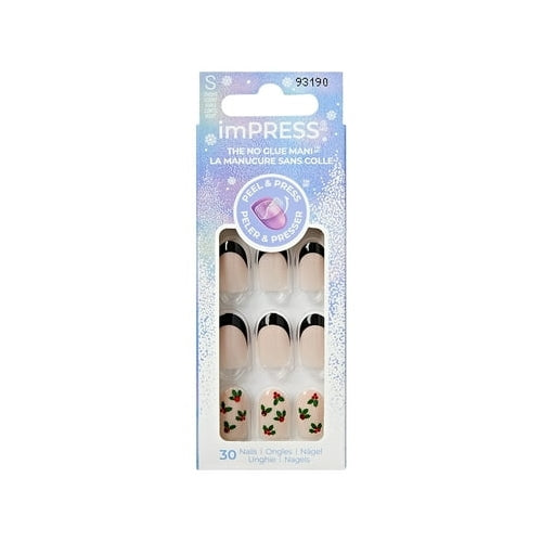 KISS imPRESS Holiday Press on Nails, Soft Glowing Snow, Beige, Short Oval, 30 Count